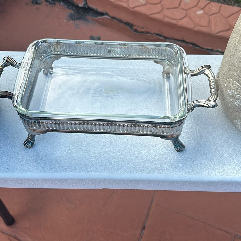 Starting silver serving tray, Pyrex
